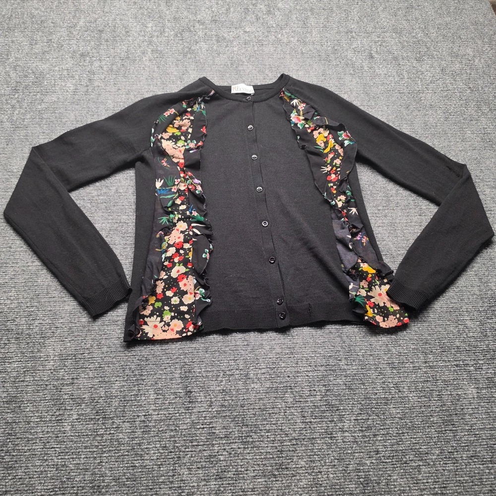 RED Valentino Cardigan Sweater Womens Floral Ruffle Trim Silk Panel Black Flawed